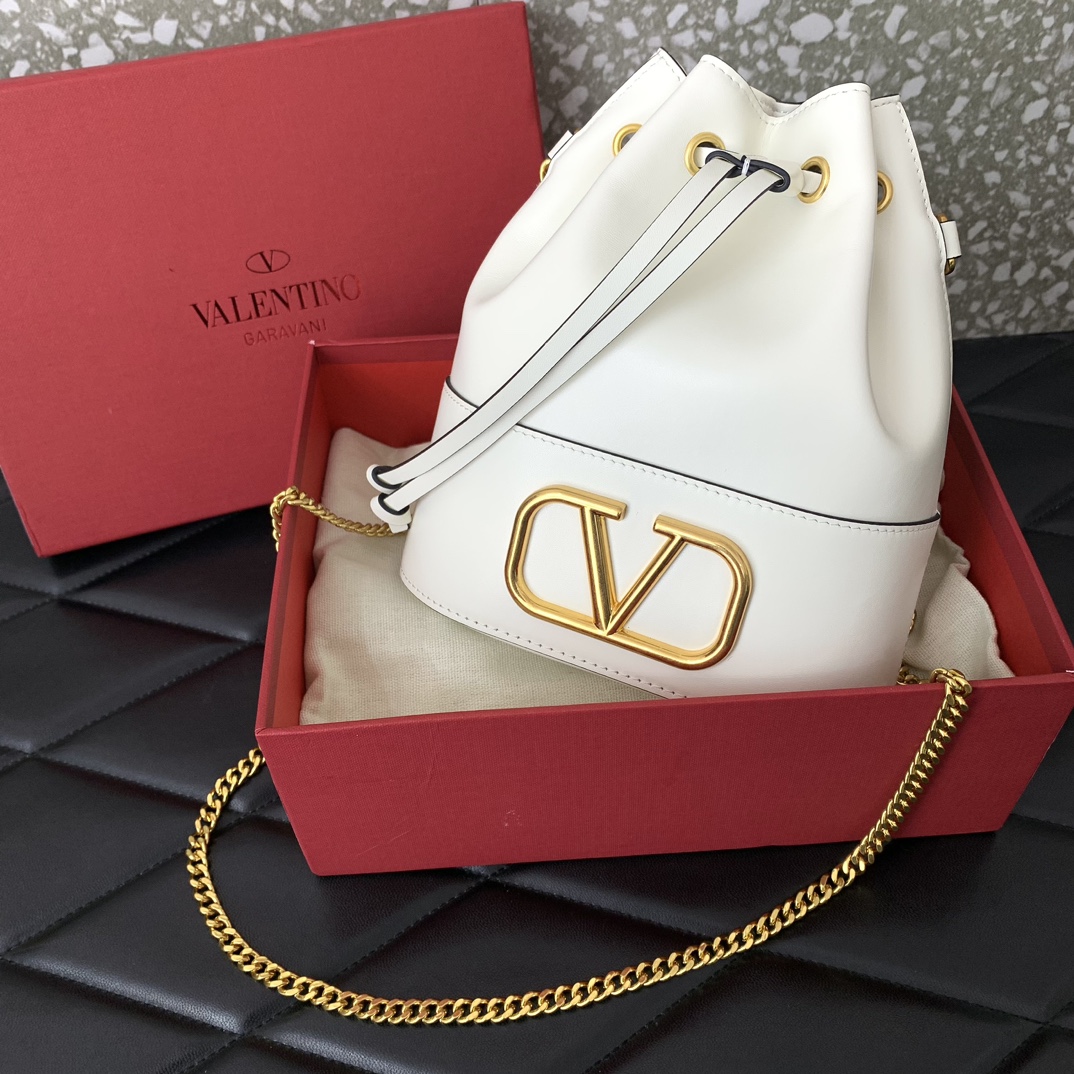 Valentino Garavani VLogo Signature Mini Bucket Bag in Ivory Nappa Leather 